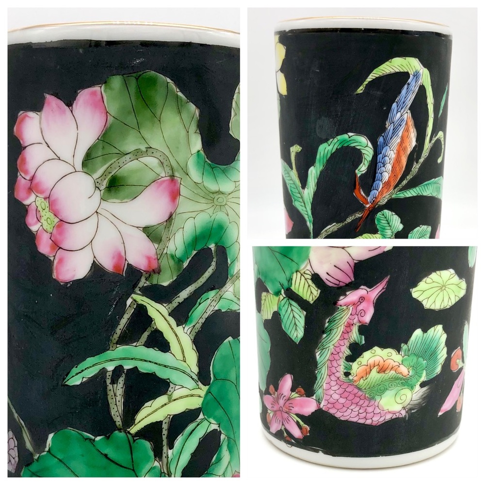 Chinese Porcelain Vase Hat Stand Famille Noire Floral Bird Lotus Qianlong Mark - Picture 10 of 13